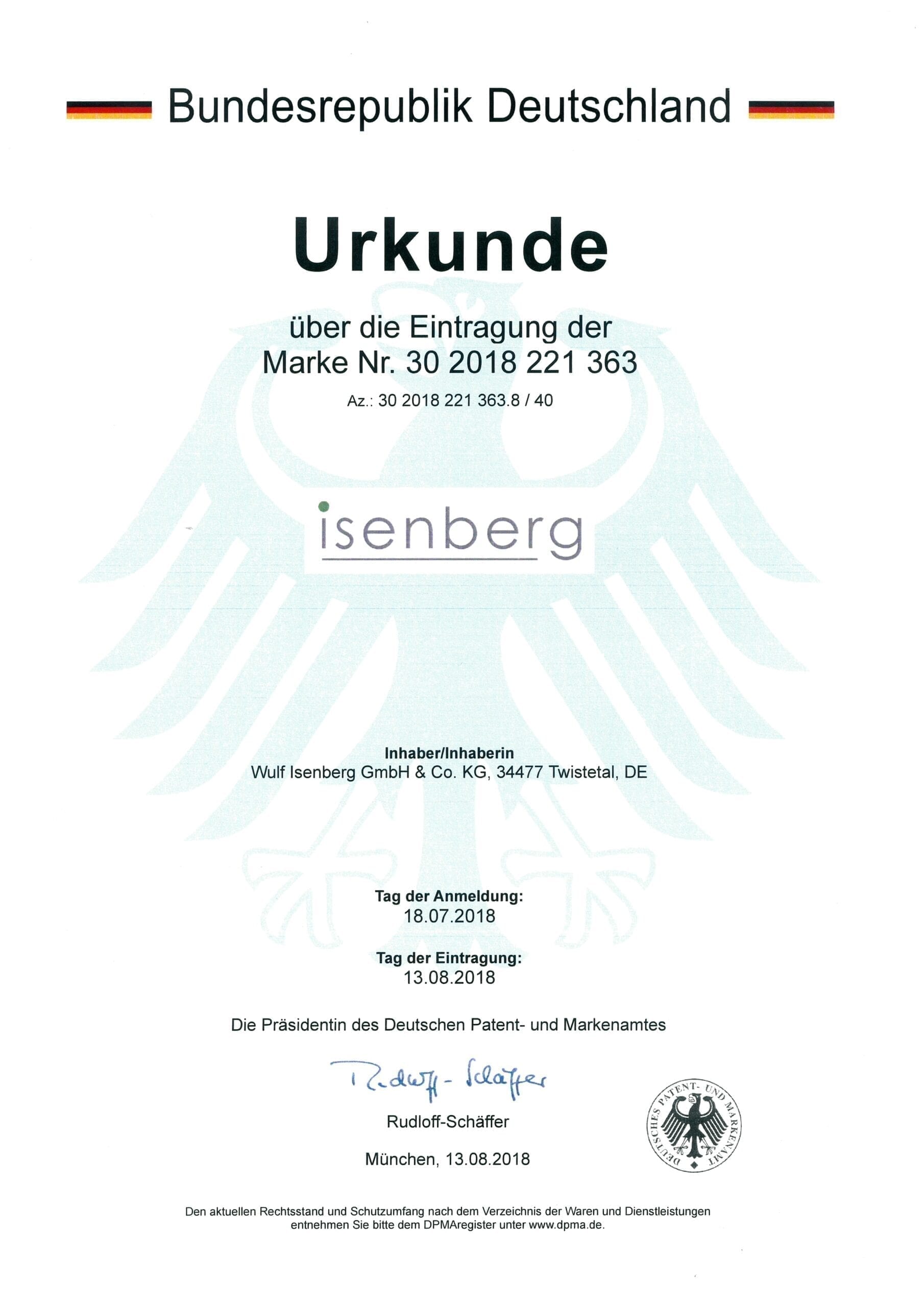 isenberg Urkunde Isenberg DPMA 2018